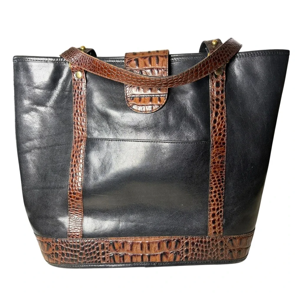 Brahmin Vintage Black Leather Croc Embossed Trim Tote Shoulder Bag Brown Accents